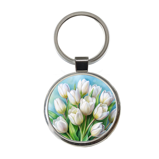 White Tulips Flowers Watercolor Round Metal Keychain