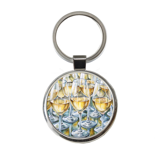 White Wine Glasses Chardonnay Round Metal Keychain