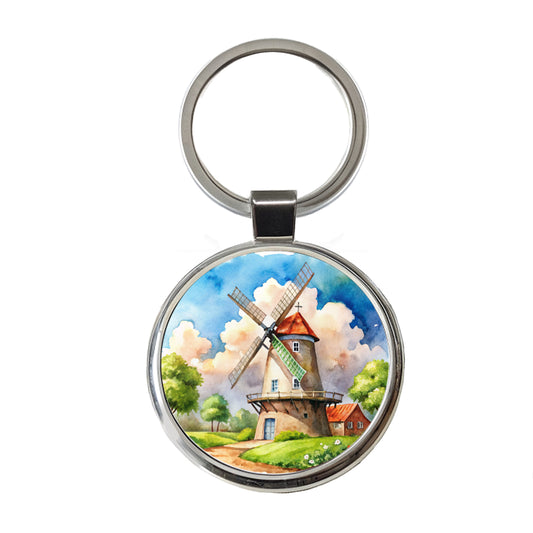 Windmill Beautiful Watercolor Round Metal Keychain