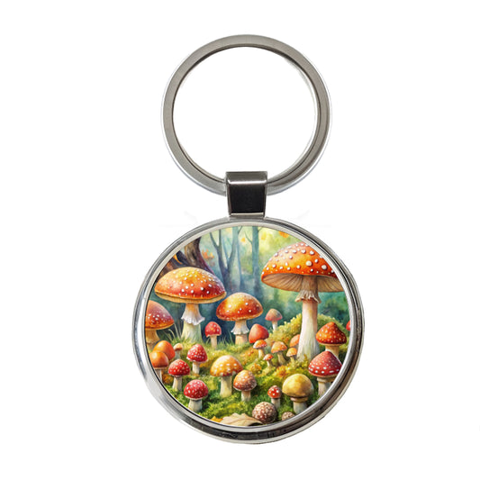 Woodland Mushrooms Watercolor Round Metal Keychain