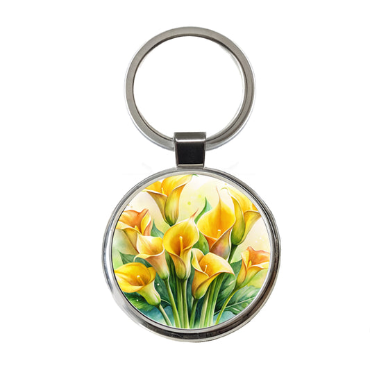 Yellow Calla Lily Flowers Watercolor Round Metal Keychain