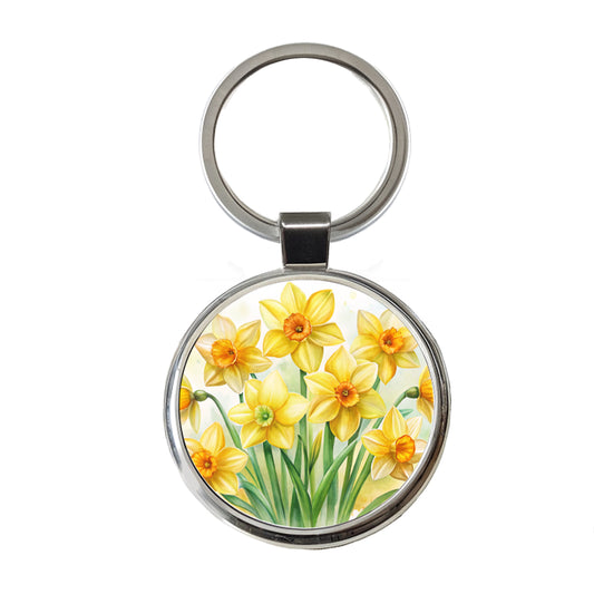 Yellow Daffodils Flowers Watercolor Round Metal Keychain
