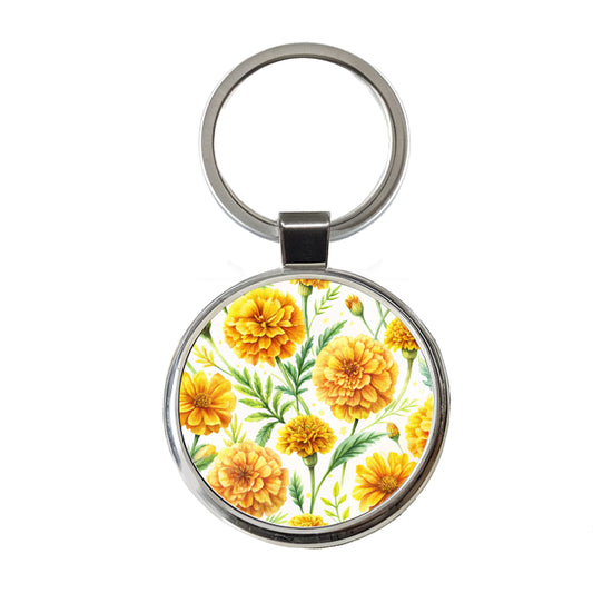 Yellow Marigolds Flowers Watercolor Round Metal Keychain