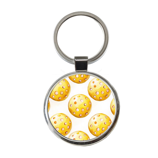 Yellow Pickleballs Round Metal Keychain