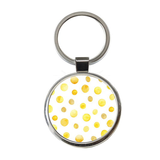 Yellow Polka Dots Fun White Background Round Metal Keychain
