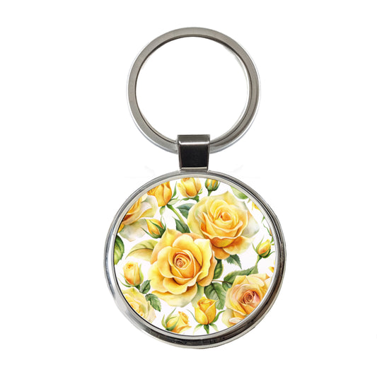 Yellow Roses Flowers Watercolor Round Metal Keychain