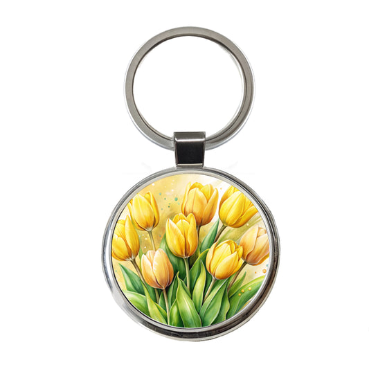 Yellow Tulips Flowers Watercolor Round Metal Keychain