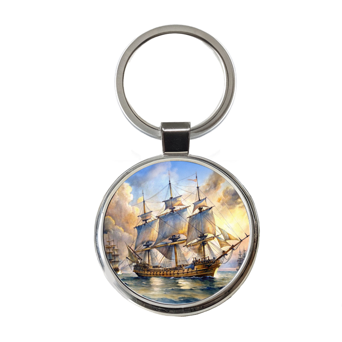 18th Century Sailing War Ship Of The Line Watercolor Round Metal Keychain