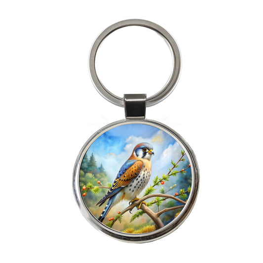 American Kestrel Raptor Bird Of Prey In Tree Scene Watercolor Round Metal Keychain