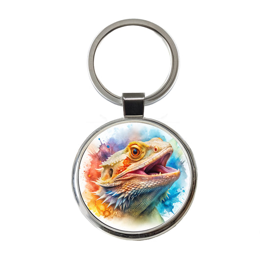 Angry Mad Bearded Dragon Watercolor Round Metal Keychain