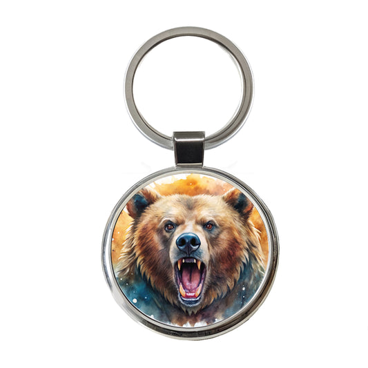 Angry Mad Grizzly Bear Watercolor Round Metal Keychain