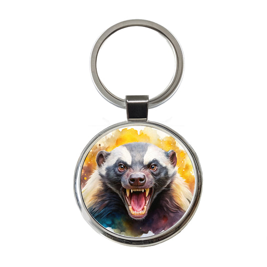Angry Mad Honey Badger Watercolor Round Metal Keychain