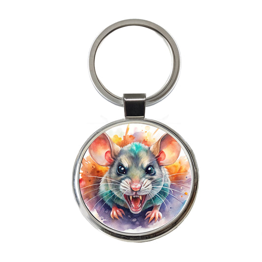 Angry Mad Mouse Watercolor Round Metal Keychain