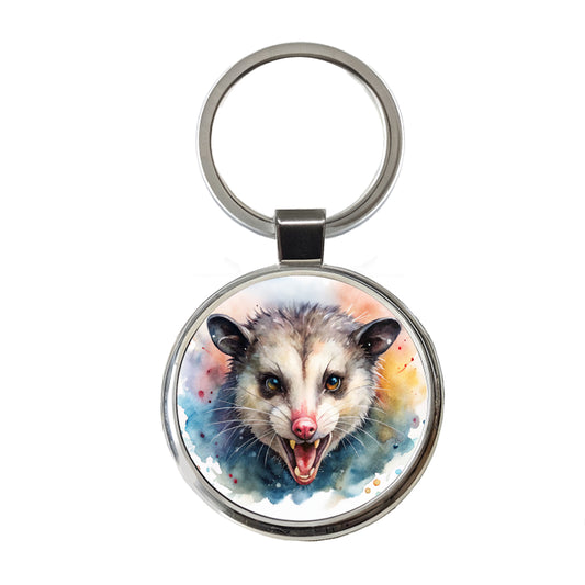 Angry Mad Opossum Watercolor Round Metal Keychain