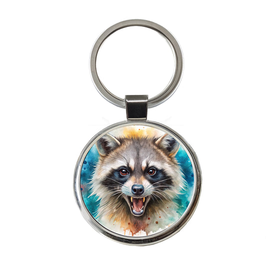 Angry Mad Raccoon Watercolor Round Metal Keychain