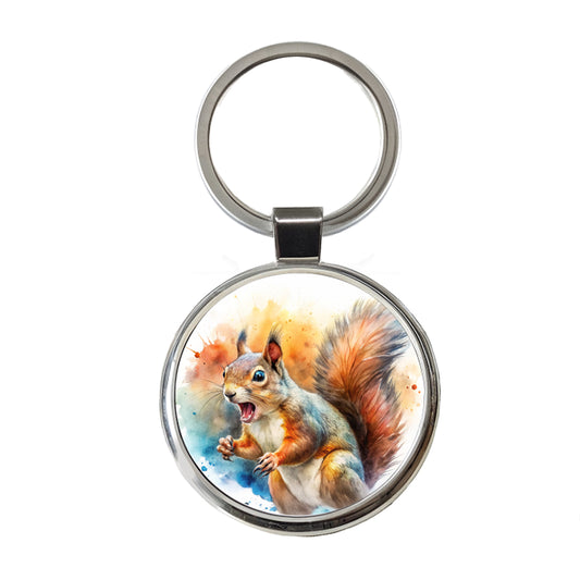 Angry Mad Squirrel Watercolor Round Metal Keychain
