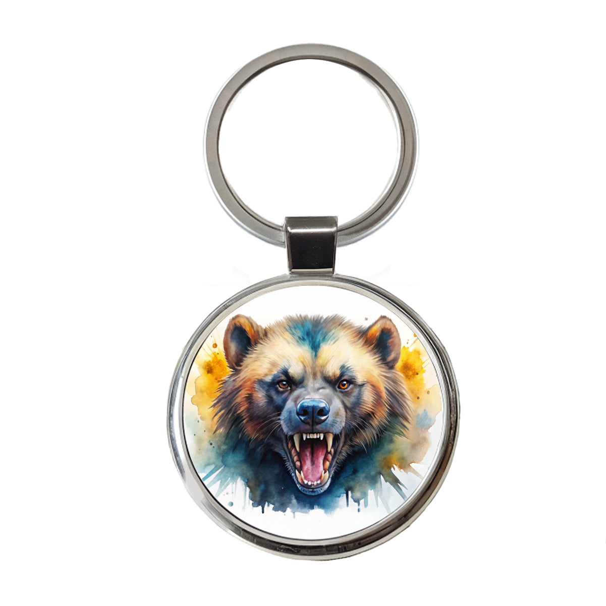 Angry Mad Wolverine Watercolor Round Metal Keychain