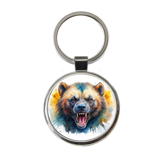 Angry Mad Wolverine Watercolor Round Metal Keychain