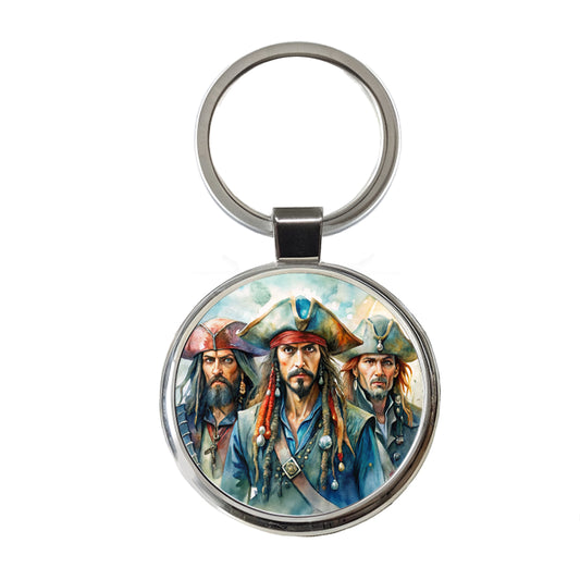 Angry Swashbuckling Pirates Watercolor Round Metal Keychain