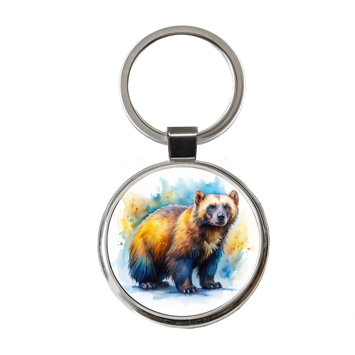 Animal Mad Wolverine Watercolor Round Metal Keychain