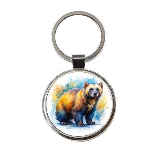 Animal Mad Wolverine Watercolor Round Metal Keychain
