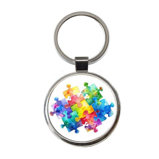 Autism Awareness Acceptance Puzzle Pieces Watercolor Round Metal Keychain