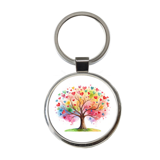 Autism Awareness Acceptance Tree With Hearts Watercolor Round Metal Keychain