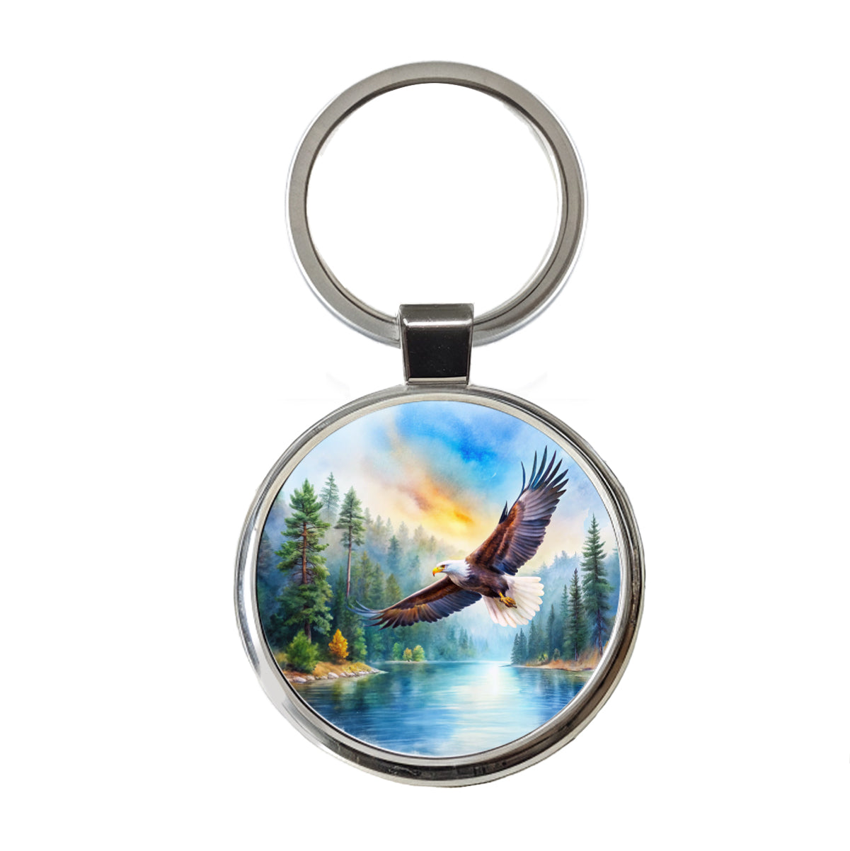 Bald Eagle Flying With Forest Lake Watercolor Round Metal Keychain