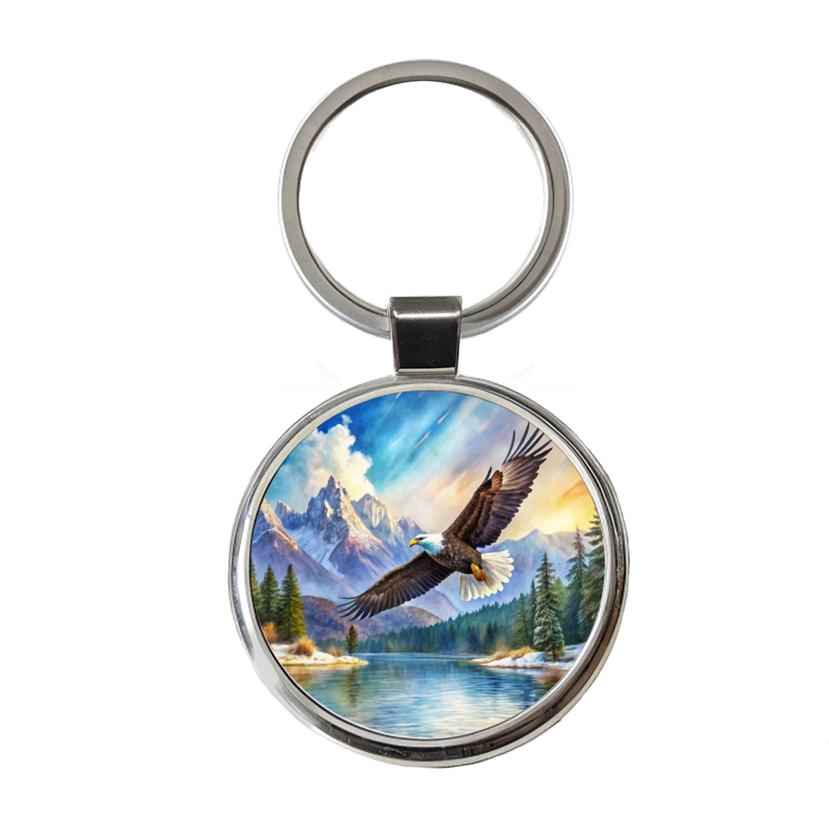 Bald Eagle Flying With Mountains Lake Watercolor Round Metal Keychain