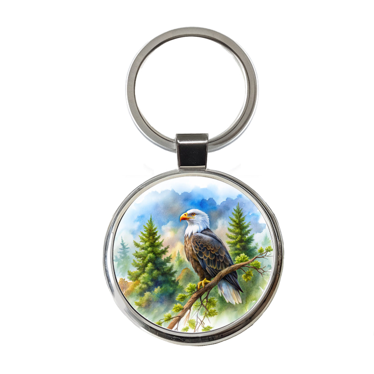 Bald Eagle In Tree Watercolor Round Metal Keychain