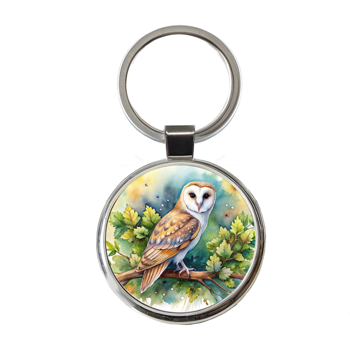 Barn Owl In Tree Watercolor Round Metal Keychain
