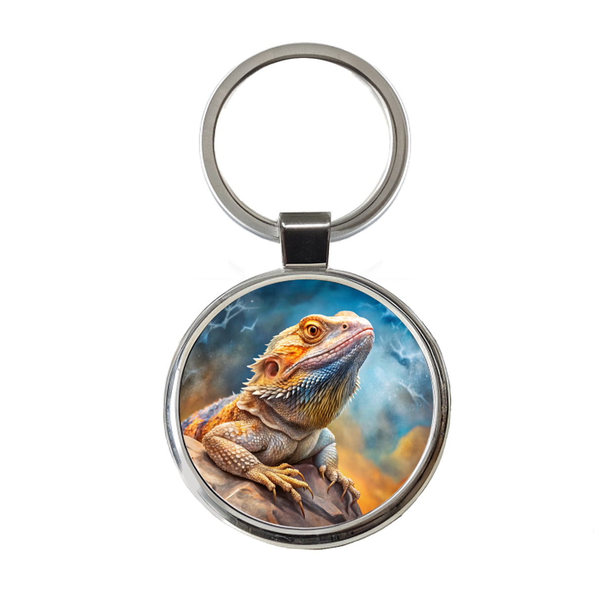 Bearded Dragon Lizard On Rock Stormy Scene Reptile Watercolor Round Metal Keychain