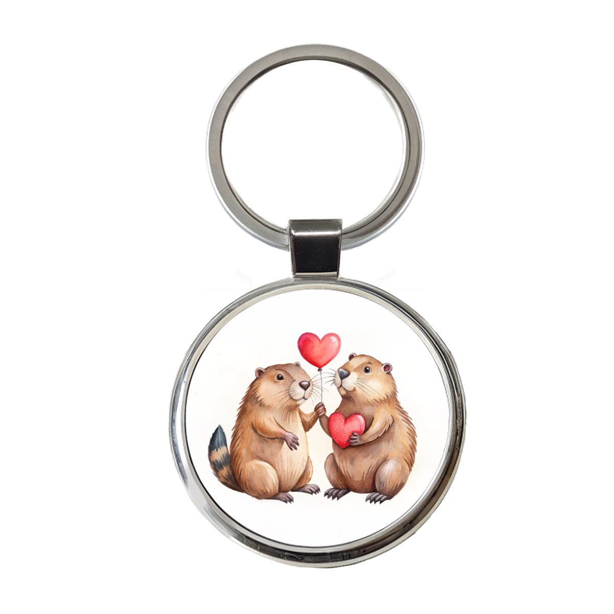 Beavers In Love With Hearts Valentine's Day Round Metal Keychain
