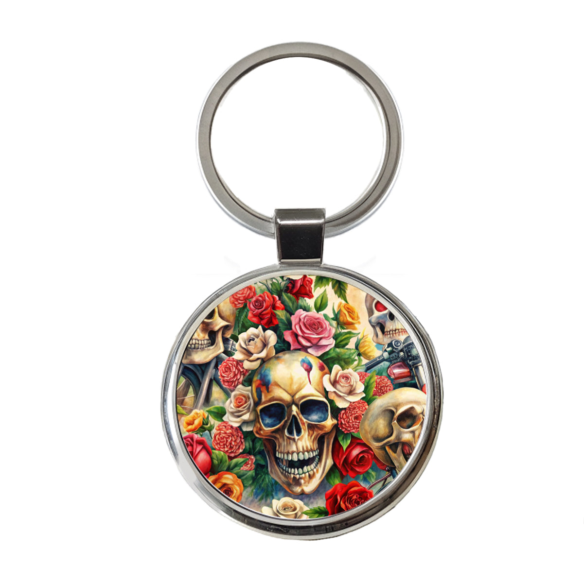 Biker Skulls And Roses Theme Watercolor Round Metal Keychain