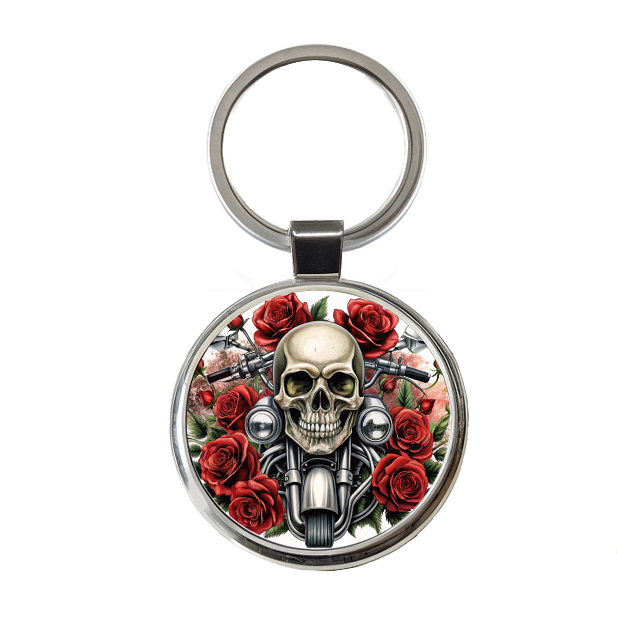 Biker Style Skulls And Roses Motorcycle Round Metal Keychain