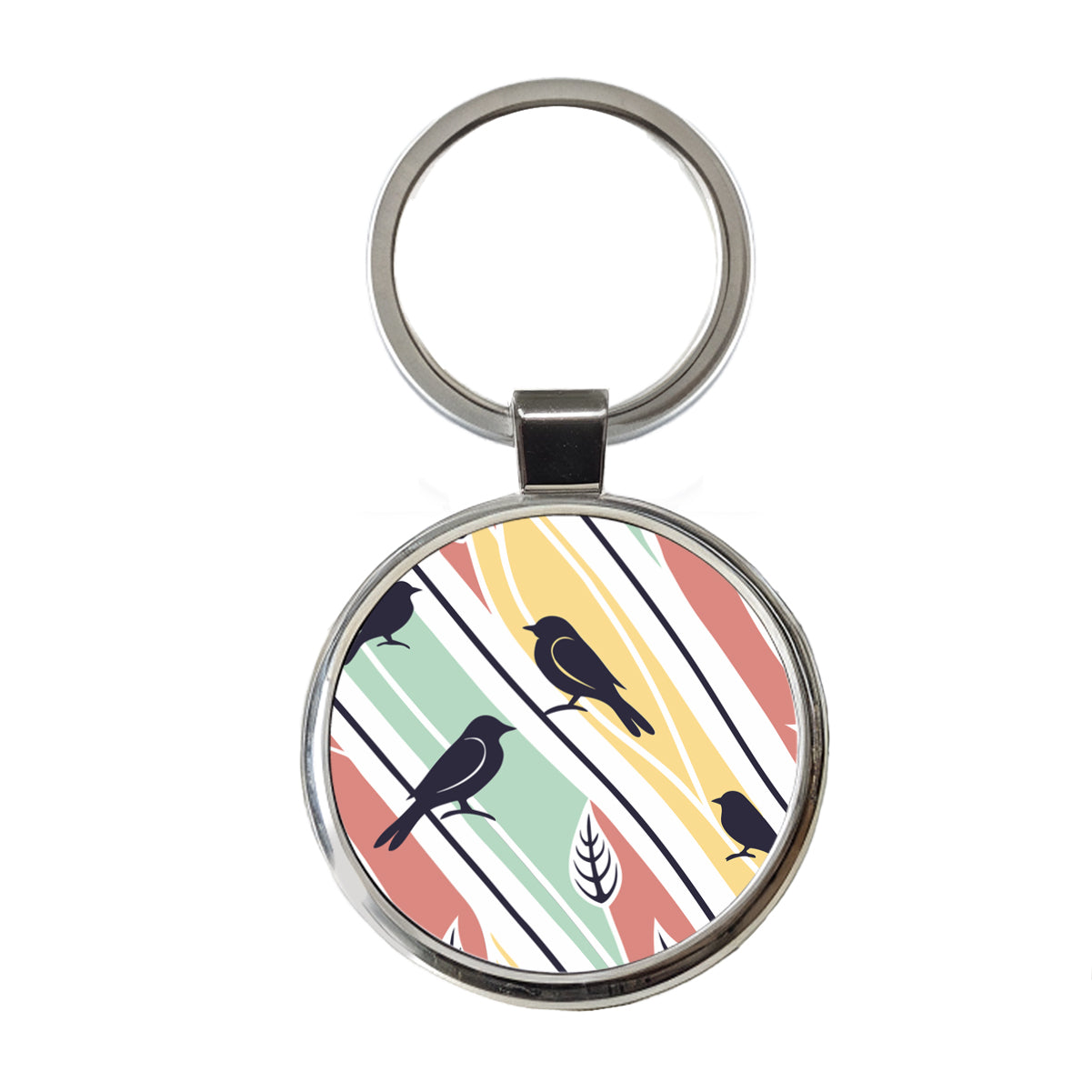 Birds And Trees Abstract Round Metal Keychain