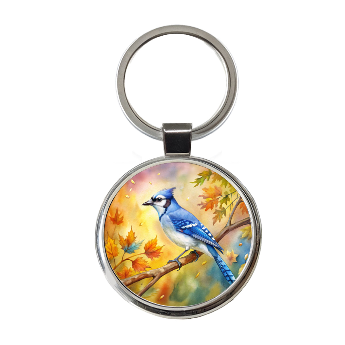 Blue Jay In Tree Watercolor Round Metal Keychain