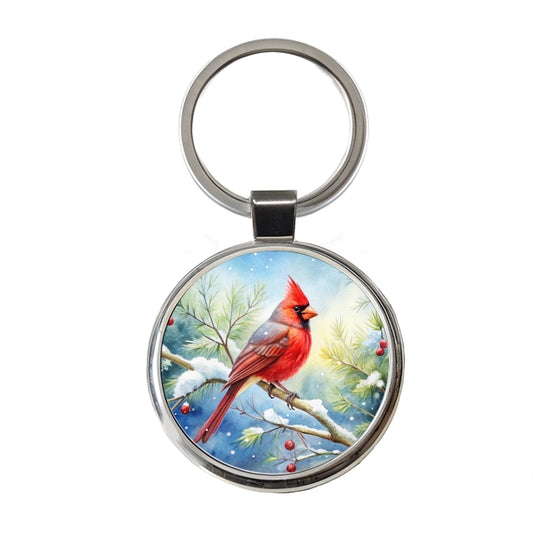 Cardinal In Snowy Tree Winter Watercolor Christmas Round Metal Keychain