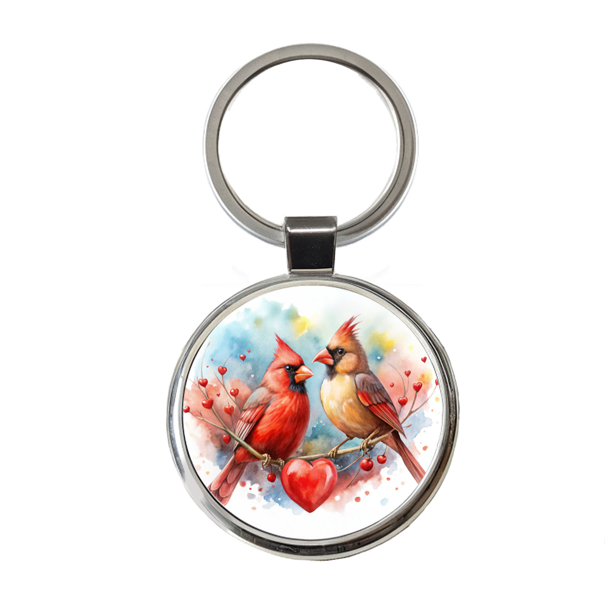 Cardinals In Love With Hearts Valentine's Day Round Metal Keychain