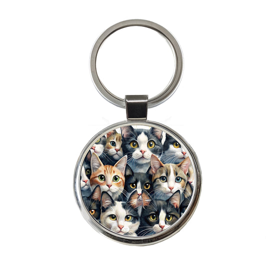 Cartoon Black And White Cats Round Metal Keychain