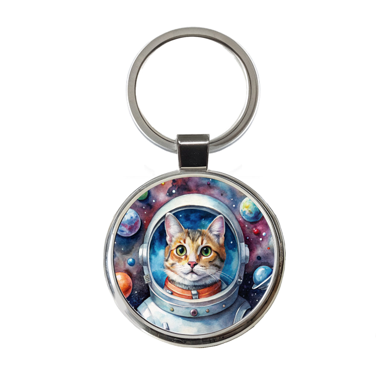 Cat In Space Funny Tabby Watercolor Round Metal Keychain