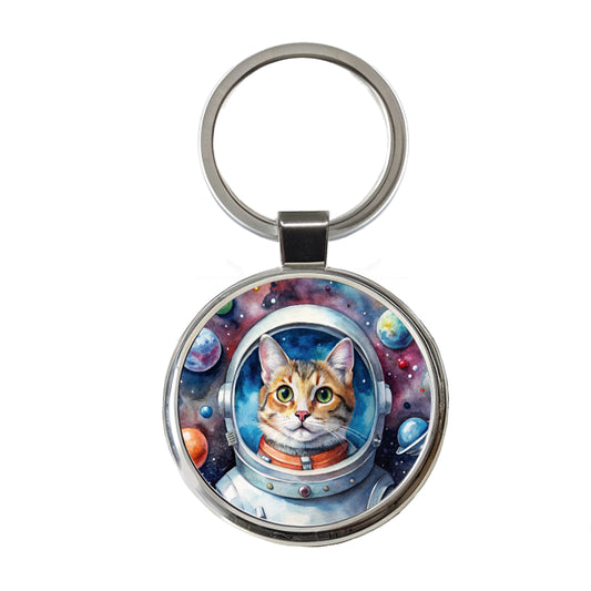 Cat In Space Funny Tabby Watercolor Round Metal Keychain