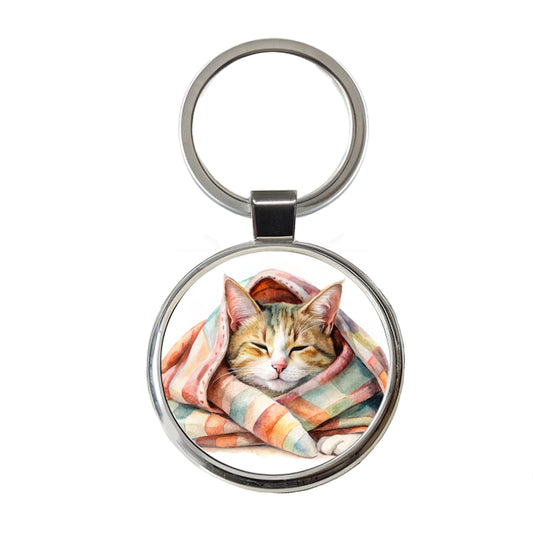 Cat Snuggling In Blanket Watercolor Round Metal Keychain