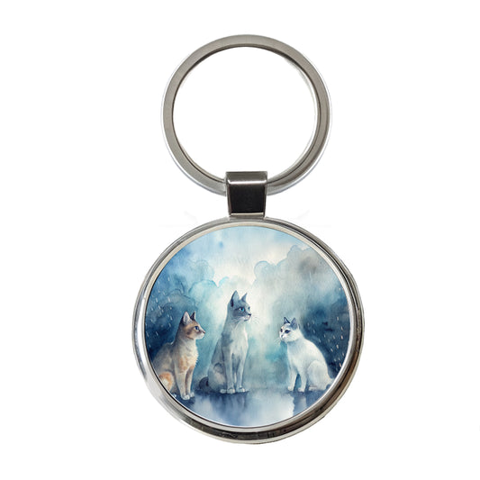 Cats In The Rain Round Metal Keychain