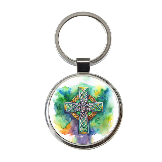 Celtic Christian Cross Watercolor Round Metal Keychain