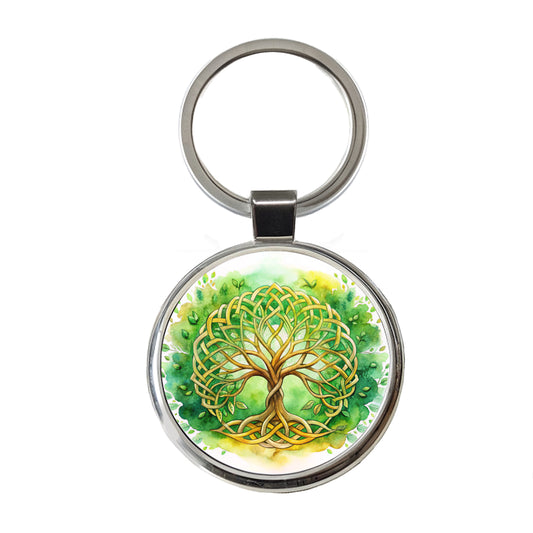 Celtic Irish Tree Of Life Knots Green And Golden Watercolor Round Metal Keychain