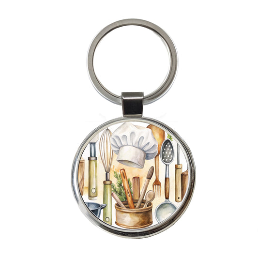 Chef's Baker's Tools Cooking Watercolor Round Metal Keychain