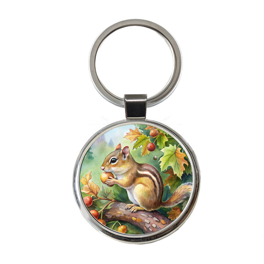 Chipmunk Eating Acorn In Tree Watercolor Round Metal Keychain