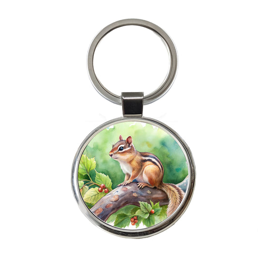 Chipmunk In Tree Watercolor Round Metal Keychain