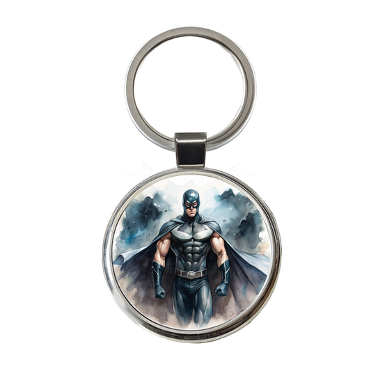 Classic Masked Superhero With Black Costume Watercolor Round Metal Keychain